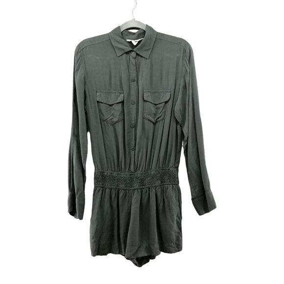 BCBGeneration Long Sleeve Romper Womens S Olive Green Rayon Utility - Picture 1 of 12